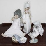 5 Lladro figures with original boxes. Shepherdess with basket, Bethlehem 4678; Resting Polar Bear