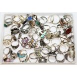 A tray of assorted rings, many marked '925' or 'silver' etc, various settings and styles.