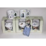 3 boxed Brambly Hedge cup and saucer sets by Royal Doulton; 2 Wrendale Design mugs, with boxes, by