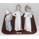 Three Lladro figures Shepherdess with Rooster 4677; Girl with Hands Akimbo 4872; Girl with Guitar