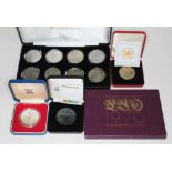 A boxed set of 8 commemorative crowns from Jubilee Mint, Royal Mint Golden Jubilee medal in case;