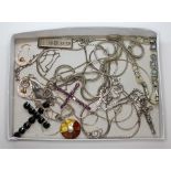 A tray of mainly silver jewellery, also including a pair of earrings marked '375' weight 1.81g.