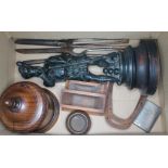 A box of misc. including a treen tobacco jar, spelter figure etc.