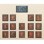 Sixteen sheets of penny red and two penny blue stamps, line engraved, early plates, blocks etc.