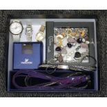 A box of costume jewellery including Swarovski, Campagnolo, Rebecca, Pianegonda, a bracelet set with