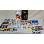 A box containing various collector card books, Spice Girls postcard album and tin, 3 skips