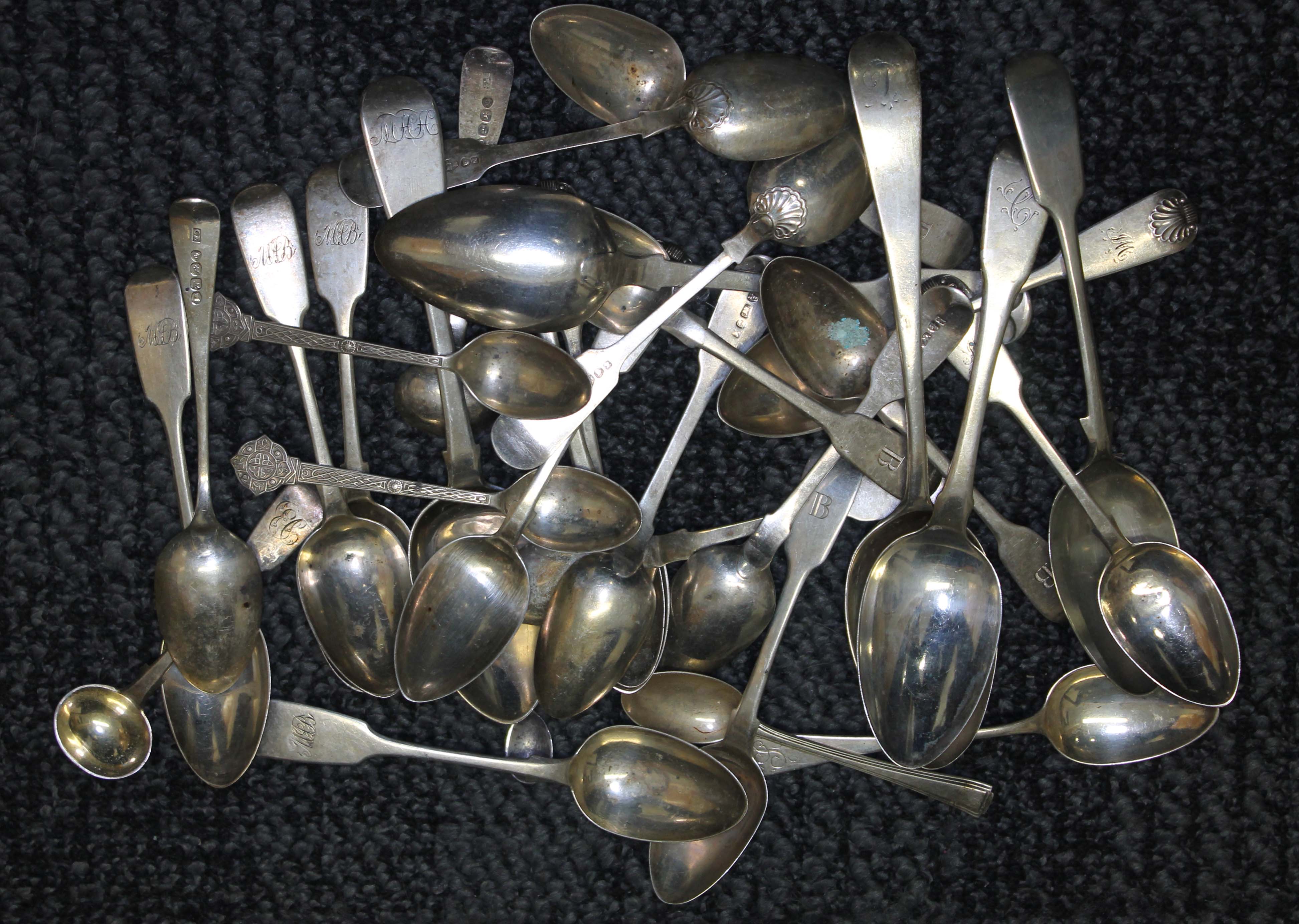 Assorted hallmarked silver spoons, various dates and maker's, Georgian and later, gross wt. 21ozt.