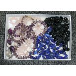 A tray of assorted beaded jewellery comprising black hard stone, lapis lazuli, rose quartz and