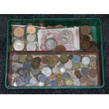 A box of assorted GB and foreign coins including two Victoria crowns 1889 and 1898.