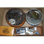 A mixed lot containing scales, Mauchline ware, old keys, thimbles to include 2 silver, MOP items,