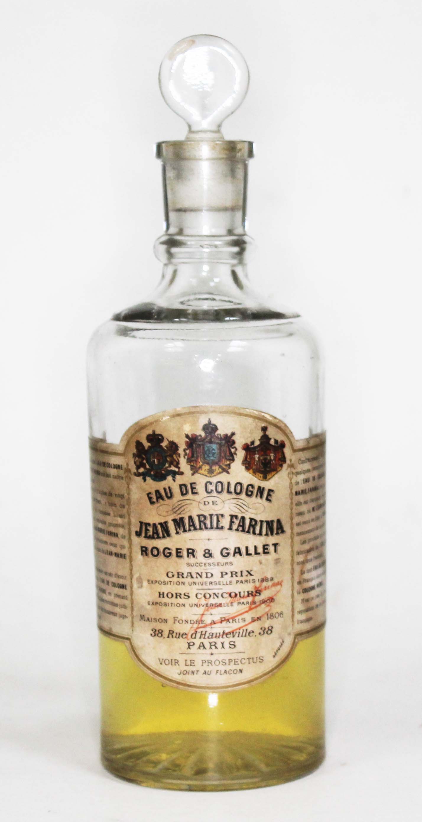 An antique bottle of Jean Marie Farina Roger & Gallet eau du cologne.