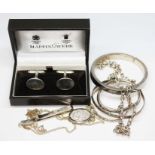 A mixed lot of silver comprising a pair of Mappin & Webb cufflinks, bangles, chains etc.