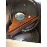 A box of metalware to include plated galleried tray and an 8 day mantel clock.