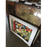 Assorted pictures including comic book posters, an original Matisse style painting and a print of