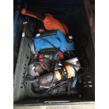 A box of electrical tools to include grinder, hammer drill, planer, sander, foot pump and cable