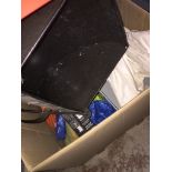 A box of misc including metalware, window blinds, etc.