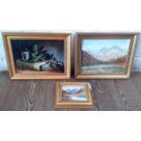 Three original oil paintings, a still life of book and blackberries, signed 'J Desaulle' and two
