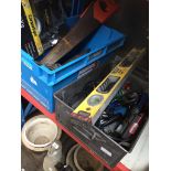 2 boxes of garageware, saws, spirit level, electric staple gun, Bosch jigsaw, etc.