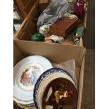 2 boxes of mixed china etc,with maraccas, barometer tea cardsetc