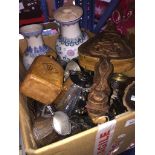 A box of ceramics, glass items, tankards, vases, bellows, etc.