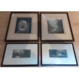 Four colour prints, two coloured photos of a glacier and two colour prints of the Lake District,