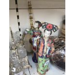 A pair of Chinese figures, hand painted and signed, together with two Chinese hand screens/fans.