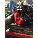 A box of climbing equipment, ropes, harnesses, karabiners, finger board, etc and 5 rucksacks