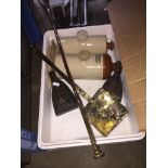 A mixed lot including stoneware water bottles, a copper hunting horn, two irons, chestnut roaster