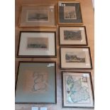 Seven assorted engravings and maps, including two old maps of Lancashire, all framed and glazed.