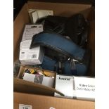 A box of cameras and accessories to include 2 Sony VCRs, Fuj digital camera, USB grabbers, etc.