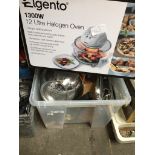 A box of kitchenalia and an Elgento 1300W 12L halogen oven.