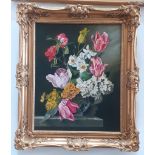 20th century school, oil on canvas, still life of flowers, 40cm x 50cm, signed D Bishop, gilt frame.