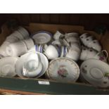 A box of assorted tea wares (appx 51 pieces) together with a Colclough 2 tier cake stand and 2 other