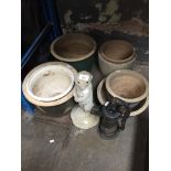 7 glazed garden pots, a concrete meerkat and a cast metal water pump.