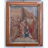 19th century religious needlework picture, 41cm x 53cm, framed and glazed, maple frame.