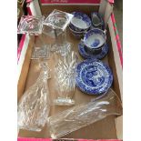 A box of glass and pottery including Spode's Italian blue and white, Edinburgh glass decanter etc.