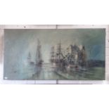 20th century school, oil on canvas, harbour scene with boats, signed 'TED DYER', unframed.
