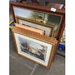 3 old naval prints, an oil on canvas, a steam train print and a sketch of a dog by Tom Knowles