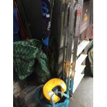 Sporting equipment to include squash and badminton raquets, life jacket, ski boots, short skis and