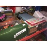 3 boxes of misc including Xmas baubles, haberdashery box with contents, micro hi-fi system, GPO