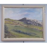 21st century school, oil on canvas, landscape with castle, 50cm x 40cm, signed 'John Hutchins 06',