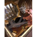 Items for display - glass lidded mirror box, wooden box, plate frames, stands and hangers