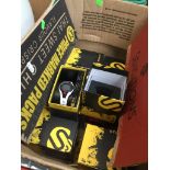 A box containing 10 boxed Soleus watches.