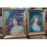 After Angelo Asti, 2 prints depicting women, glazed and framed in gilt frames.