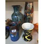 An abstract studio pottery vase, deco jug, Bourne Denby jug, and a metal vase