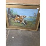 Antique framed original painting "Bengal Tigers", signed E Davies.