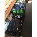 A box and two bags of assorted fire grills, tools etc.
