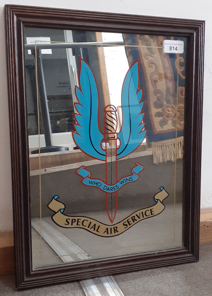 Oak framed mirror with SAS motif 'Who dares wins', 34.5cm x 45cm overall.
