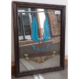 Oak framed mirror with SAS motif 'Who dares wins', 34.5cm x 45cm overall.