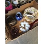 Box with glassware and two pottery vases etc.